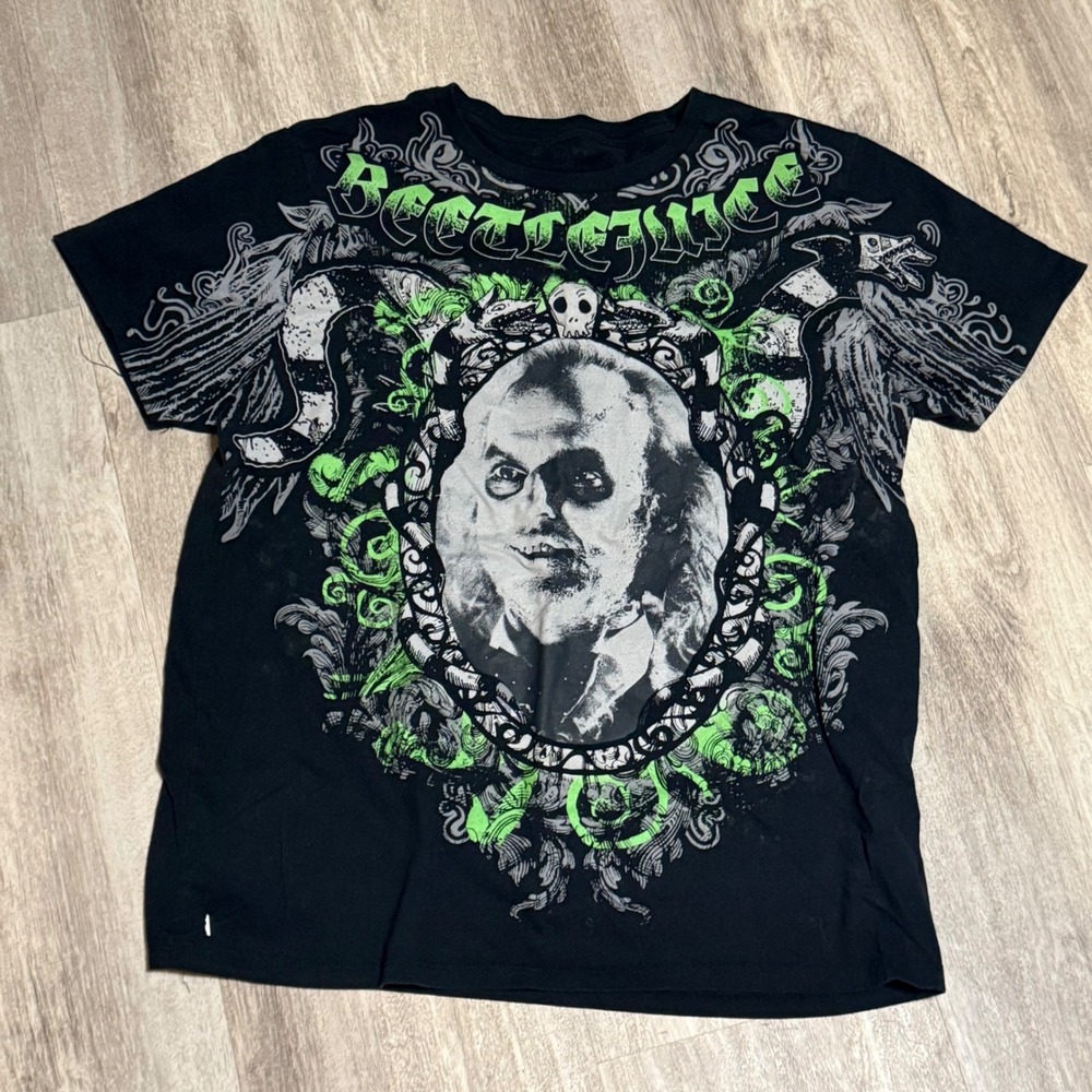 Beetlejuice Graphic T-Shirt Mens Large Black Neon Green Movie Promo Tee